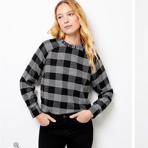 LOFT Plaid Pleated Ruffle Neck Blouse